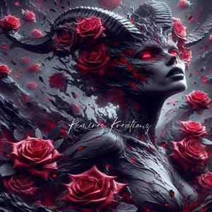 Puede incluir: Arte digital de una mujer con ojos rojos, adornada con rosas y cuernos. La obra de arte presenta una paleta de colores oscuros con acentos rojos y negros. La piel de la mujer es pálida y las rosas son de un rojo vibrante.