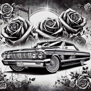 May include: Black and white illustration of a classic car with large roses. The car has a detailed front grille, whitewall tires, and floral accents. The background features more roses and a stylized sun.