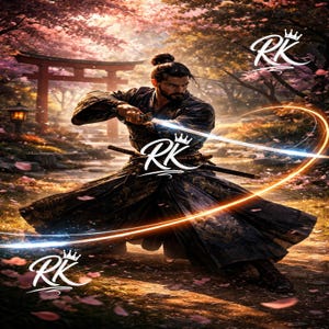 May include: A digital illustration of a samurai in a black and gold kimono, wielding a katana. The background features a Japanese garden with a red torii gate and cherry blossoms. The image has the text "RK" with a crown.