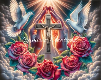 Praying Hands / Digital Art / PNG / sublimation / Jesus / Doves / Roses