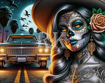 Lowrider Catrina / Sugar Skull / Lowrider Arte / Art numérique / Sublimation / PNG