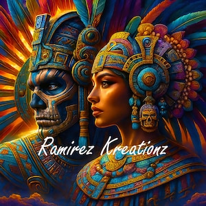 May include: Digital art featuring two figures in ornate, colorful Aztec-inspired attire. The figures wear elaborate headdresses with feathers and intricate gold and turquoise details. The text "Ramirez Kreationz" is visible.