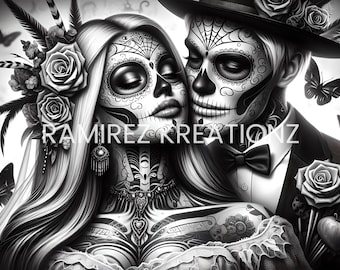 Dia De Los Muertos Couple / Digital Art/ Sugar Skull / PNG / Sublimation