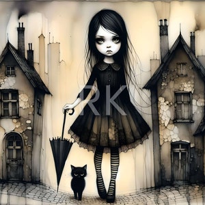 Gothic Girl & Cat / Digital Art / PNG / Sublimation
