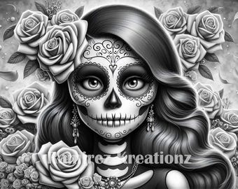 May include: Black and white illustration of a woman with a sugar skull makeup design. She has long, flowing hair and is surrounded by roses.
