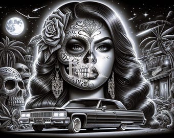 May include: A black and white illustration of a woman with a sugar skull makeup design, long black hair, and a rose behind her ear. She is wearing large earrings and a black vintage car is in the foreground.