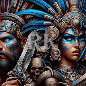 Azteekse krijger en prinses / Azteken / Digitale kunst / PNG / sublimatie