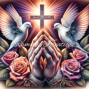 May include: A digital painting of two white doves with outstretched wings, flying above a pair of clasped hands in prayer. A glowing cross with a star at its center is positioned between the doves. The background is a dark purple with streaks of light. There are three pink roses on either side of the hands.