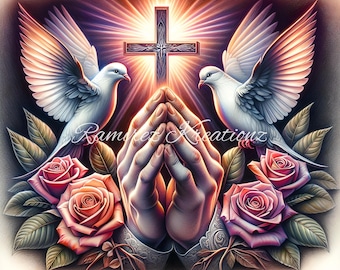 Prayer hands / Praying hands / Jesus / doves / Memorial / Digital Art / PNG / Sublimation