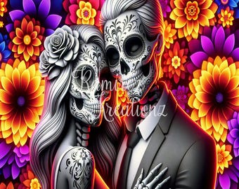 May include: Digital artwork featuring a couple styled as sugar skulls, a motif of the Day of the Dead. The skulls are adorned with detailed floral designs. The background is a riot of bright, colourful flowers.