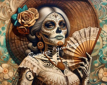 May include: A colorful painting of a woman with a sugar skull makeup, wearing a large brown hat with a white lace trim and a white dress. She is holding a hand fan and has a floral design on her dress. The background is a floral pattern with turquoise and brown colors.