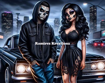 Couple chicano / art numérique / png / sublimation / lowrider / dia de los muertos
