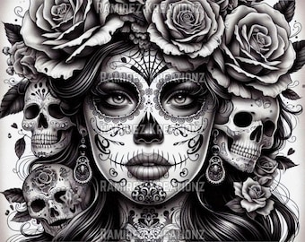 May include: Black and white illustration of a woman with a sugar skull makeup design. She is surrounded by roses and skulls. The woman has long black hair and is wearing earrings.