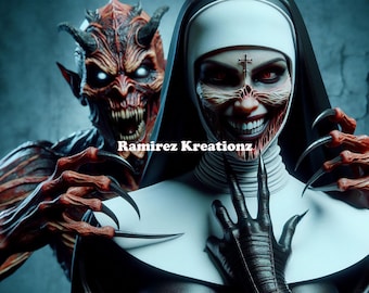 May include: A demonic nun with a cross on her forehead and a sinister smile, standing next to a red-skinned demon with horns and sharp claws. The nun is wearing a black habit and a white veil. The demon has a menacing expression and is holding its claws out.