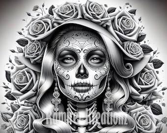 May include: Black and white illustration of a woman with a sugar skull makeup design. She is surrounded by roses and has a veil over her head.
