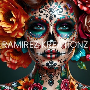 Femme crâne en sucre / PNG / Art numérique / Sublimation / Emballage pour verre / Dia De Los Muertos