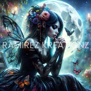 May include: A dark-haired fairy with wings sits on a wooden bench in a garden. She wears a black dress with lace detailing and a floral crown. The background is a night scene with a full moon and many colorful butterflies.