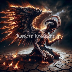 Puede incluir: Arte digital de una figura demoníaca arrodillada con alas de fuego y cuernos, sosteniendo un orbe brillante. La figura se encuentra contra un cielo oscuro y tormentoso y tierra agrietada. El texto "Ramirez Kreationz" es visible.