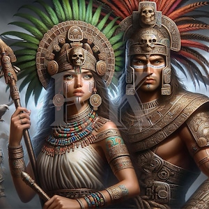 Azteekse krijger en prinses / Azteken / Digitale kunst / PNG / Sulimatie