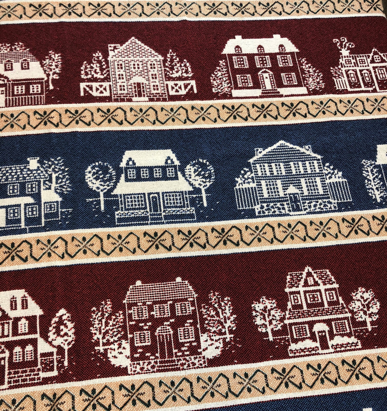 Vintage Woven Tapestry Throw Blanket Fall Autumn Houses Farm Etsy
