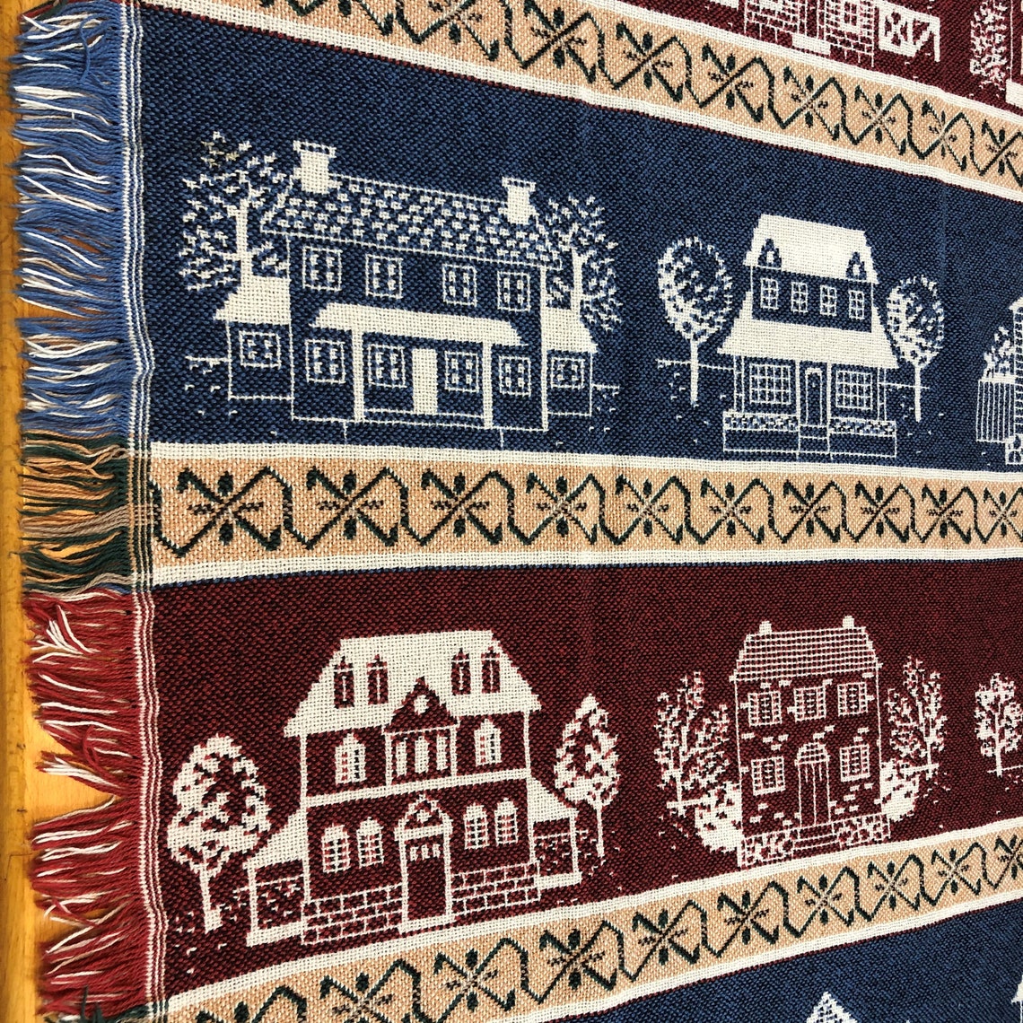Vintage Woven Tapestry Throw Blanket Fall Autumn Houses Farm Etsy