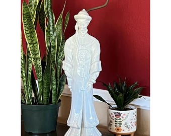 Lampe de table chinoise vintage de 23 pouces en porcelaine, statue homme asiatique