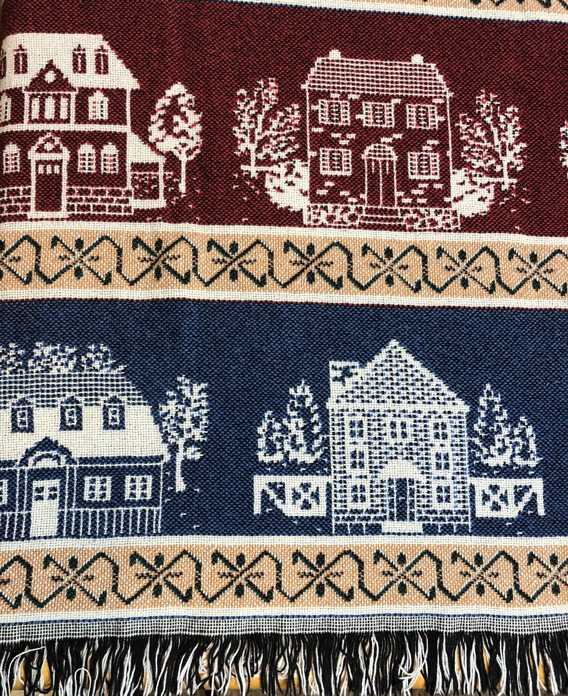 Vintage Woven Tapestry Throw Blanket Fall Autumn Houses Farm Etsy