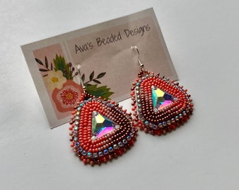 Beaded pink and brown triangle earrings