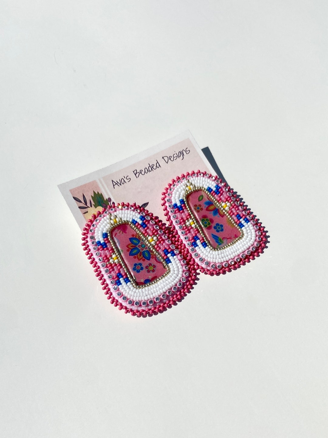 Beaded Métis Pink and Blue Flower Earrings Etsy