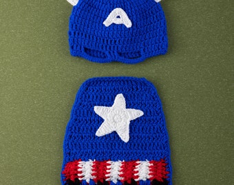 Captain America Outfit Set, Baby Captain America, Captain America Photo Prop, Baby Crochet Superhero Costume, Newborn Photoprop，0-3months