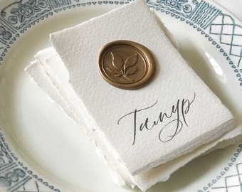 Calligraphy Place Cards for Weddings & Events, Custom Handwritten Calligraphy Table Card with Wax Seal, Textured Paper and Uneven Edges