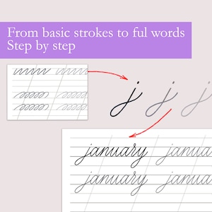 May include: A handwriting practice worksheet shows how to form the letter 'j' from basic strokes. The worksheet also shows the word 'January' written in cursive.