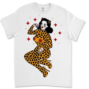 Pin-up Leopard Girl White Relaxed Fit Unisex T-Shirt - Feminist, Cats, Tattoo Flash, Illustration & Art by Lola Blackheart