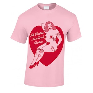 Body Positive Pastel Pink & Red 1950s Pin-up Relaxed Fit Unisex T-Shirt - Feminist, Tattoo Flash, Illustration by Lola Blackheart