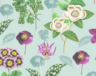 Forest Flora Wallpaper, Garden Mint, Botanical Decor, Primroses, Violets, Hellebores, Roses, Columbines, Flower Wallpaper, Floral Wall Decor