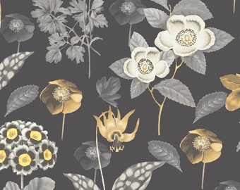 Forest Flora Wallpaper, Night Shimmer, Botanical Decor, Primroses, Violets, Hellebores, Roses, Columbines, Flower Wallpaper, Floral Decor