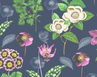 Forest Flora Wallpaper, Navy Glade, Botanical Decor, Primroses, Violets, Hellebores, Roses, Columbines, Flower Wallpaper, Floral Wall Decor