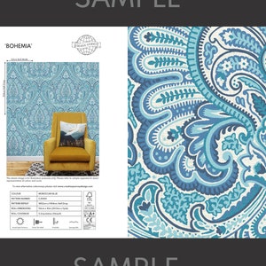 May include: A sample of 'Bohemia' wallpaper in Moroccan Blue, featuring a large-scale paisley design in shades of blue and white. The sample shows a wall with the wallpaper and a close-up of the pattern. The text 'SAMPLE' is at the top and bottom.