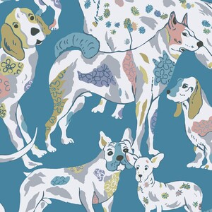 May include: A repeating pattern of various dog breeds in white, with colorful floral accents in pink, yellow, and blue. The dogs are set against a teal background, creating a playful and whimsical design.