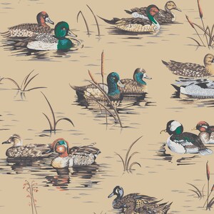 May include: A beige background with a repeating pattern of ducks swimming in water. The ducks are various shades of brown, green, and black. Some ducks have white markings on their heads. The ducks are swimming in a pond with green reeds and brown water.