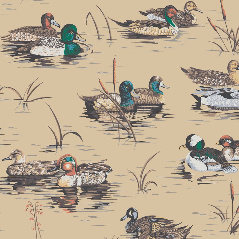 May include: A beige background with a repeating pattern of ducks swimming in water. The ducks are various shades of brown, green, and black. Some ducks have white markings on their heads. The ducks are swimming in a pond with green reeds and brown water.