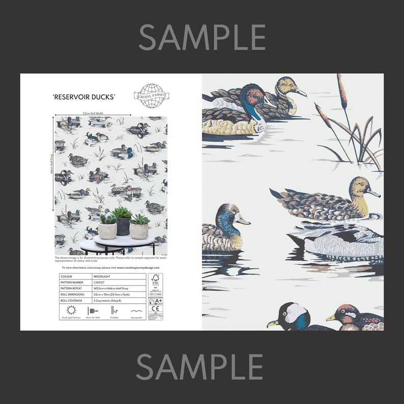May include: A sample of "Reservoir Ducks" wallpaper featuring a white background with a repeating pattern of ducks swimming in a pond. The wallpaper is by Creative Covering and the pattern number is C100227. The pattern repeat is 53 cm (21 inches) and the roll coverage is 5.2 sq meters (56 sq ft).