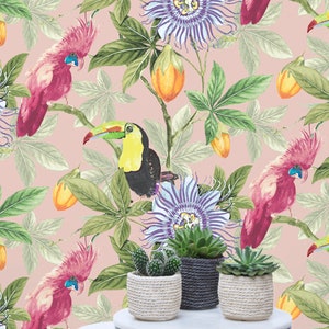 Parrot Wallpaper 'Tom & Suzanne' Berry Blush / Toucan Wallpaper / Cockatoo Wallpaper / Bird Wallpaper / Feature Wall / Tropical Wallpaper image 5