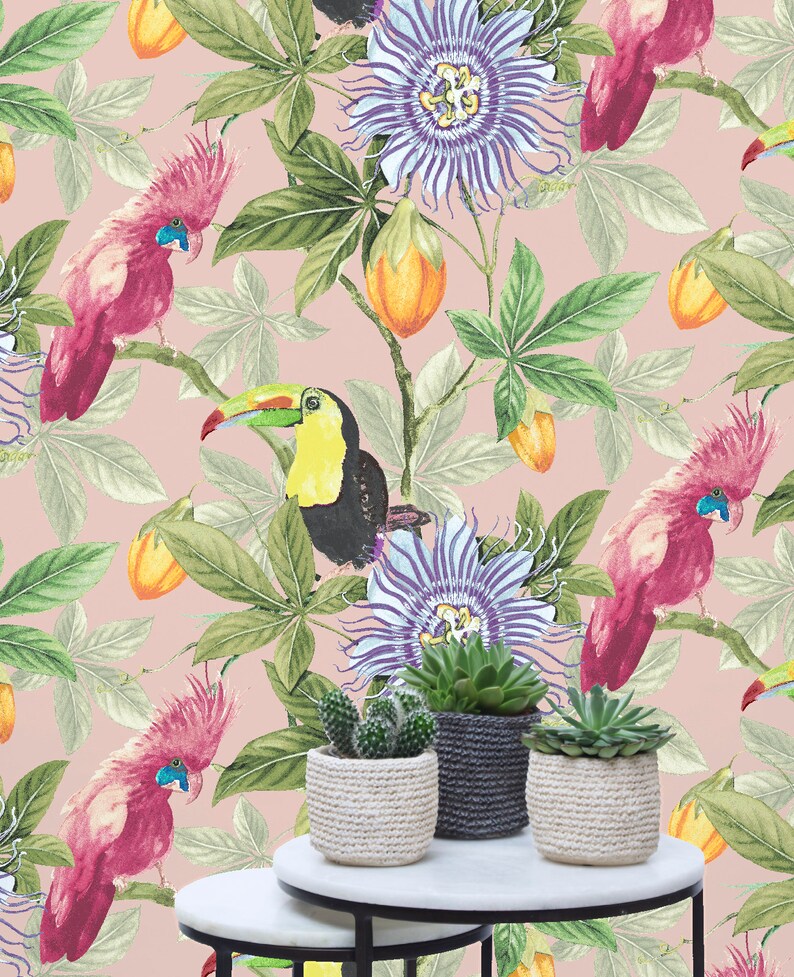 Parrot Wallpaper 'Tom & Suzanne' Berry Blush / Toucan Wallpaper / Cockatoo Wallpaper / Bird Wallpaper / Feature Wall / Tropical Wallpaper image 5