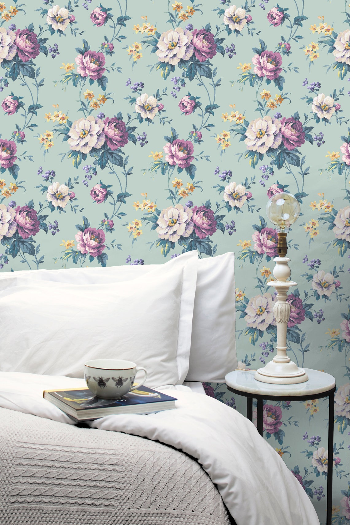 Vintage Floral Wallpaper 'cottage Garden' in Duck Egg Blue / Flower