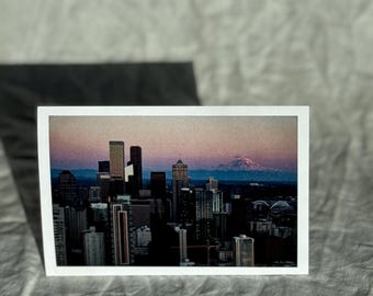 Seattle Skyline Postcard with Mount Rainier – Original Evening Cityscape Photo – Pacific Northwest Postcard
