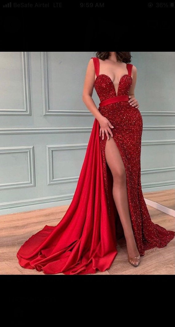 Whimsical Feather Slit & Train Red Sequin Prom Dress - VQ