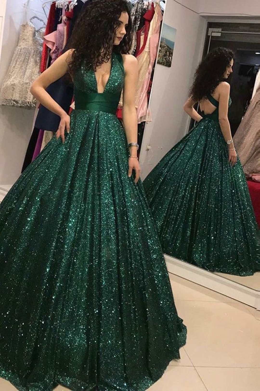 Dark Green Gown Embellished with Sequins|Gowns-Diademstore.com