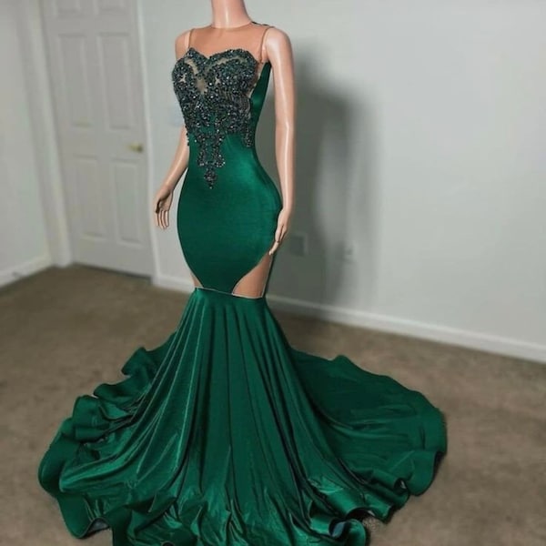 Gala homecoming gown, green velvet embellished gown, Prom dress,reception dress,emerald green wedding dress for woman, prom 2024,