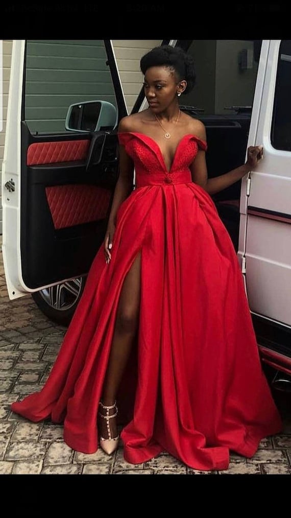 Gorgeous Off Shoulder Beaded Red Tulle Long Prom Dresses, Red Formal E –  Shiny Party